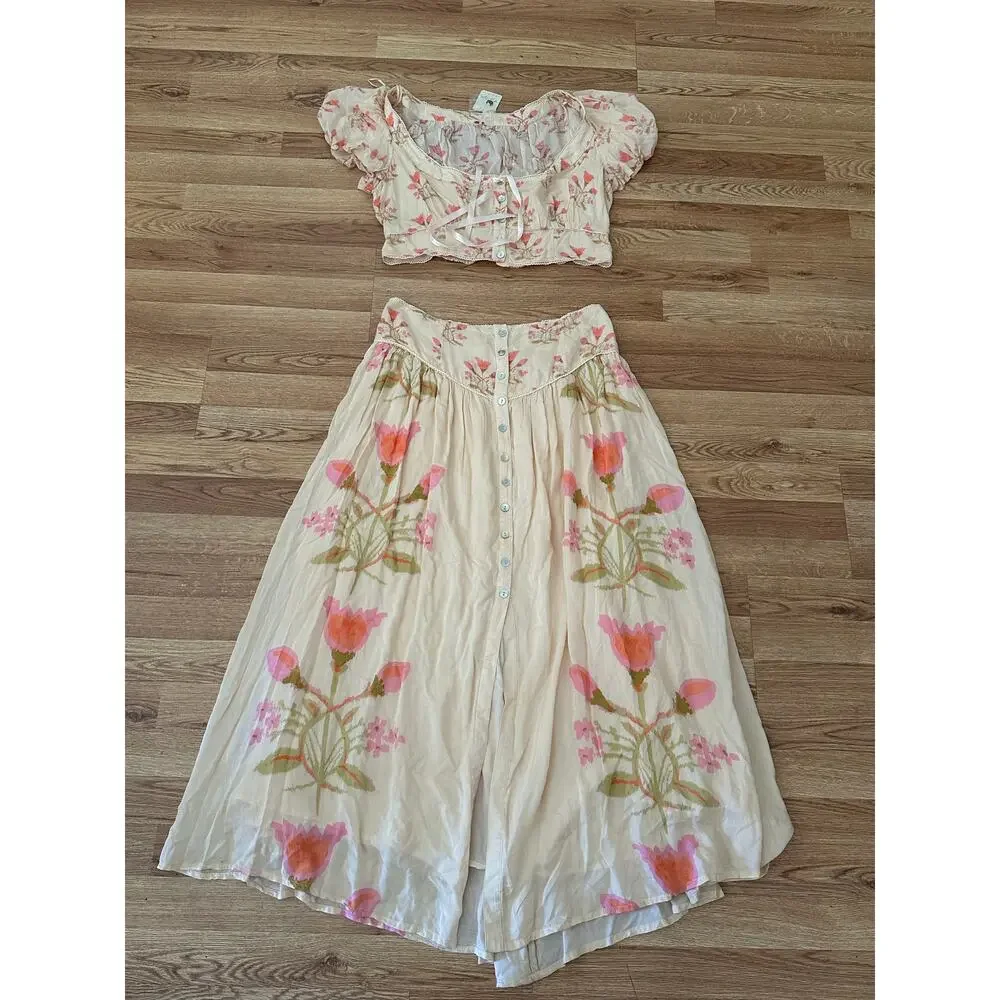 Free People Easy to Love 2 Piece Multicolor Floral Maxi Skirt Set Size L - NWT - Picture 2 of 8